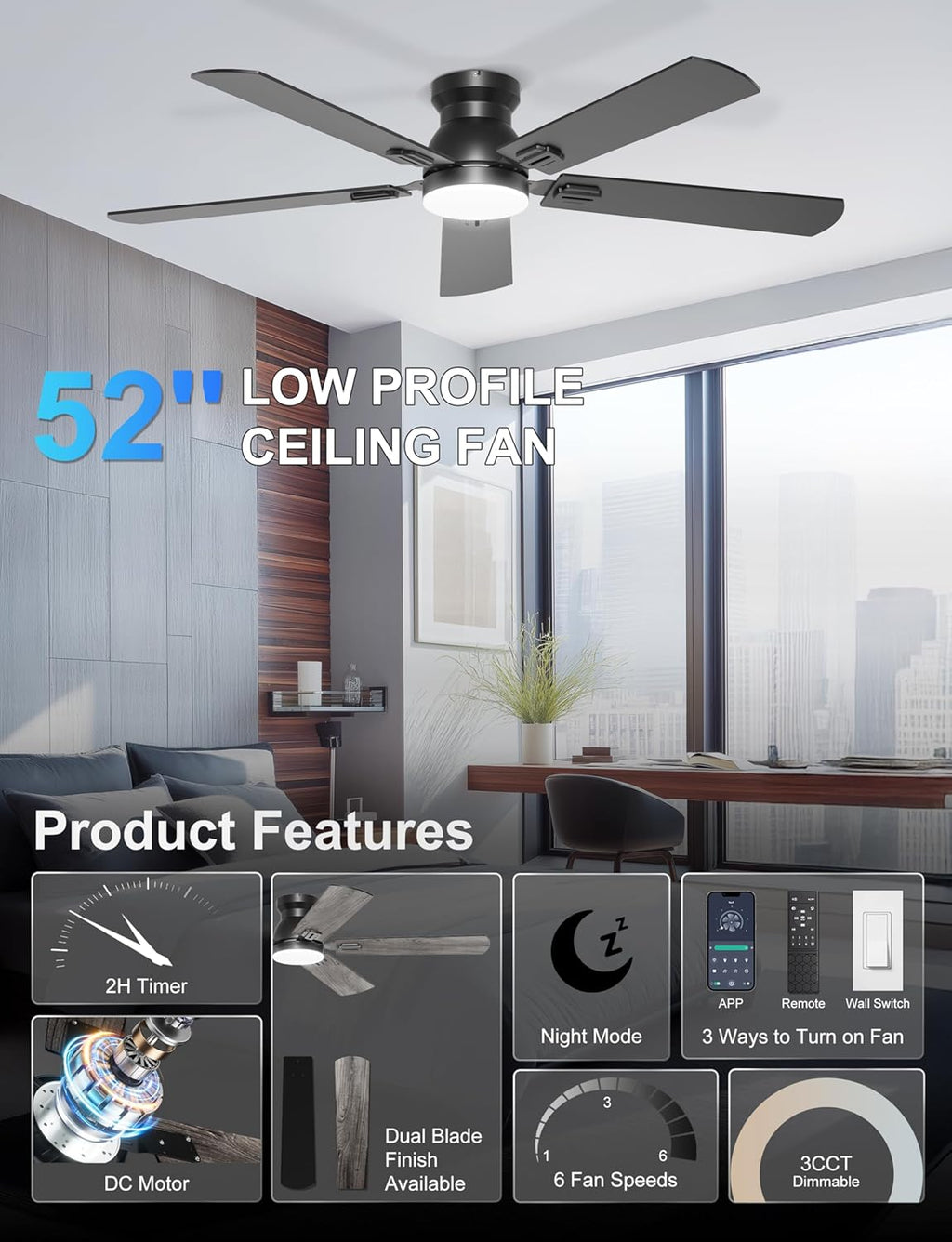 52" Flush Mount Ceiling Fan with Light & Remote
