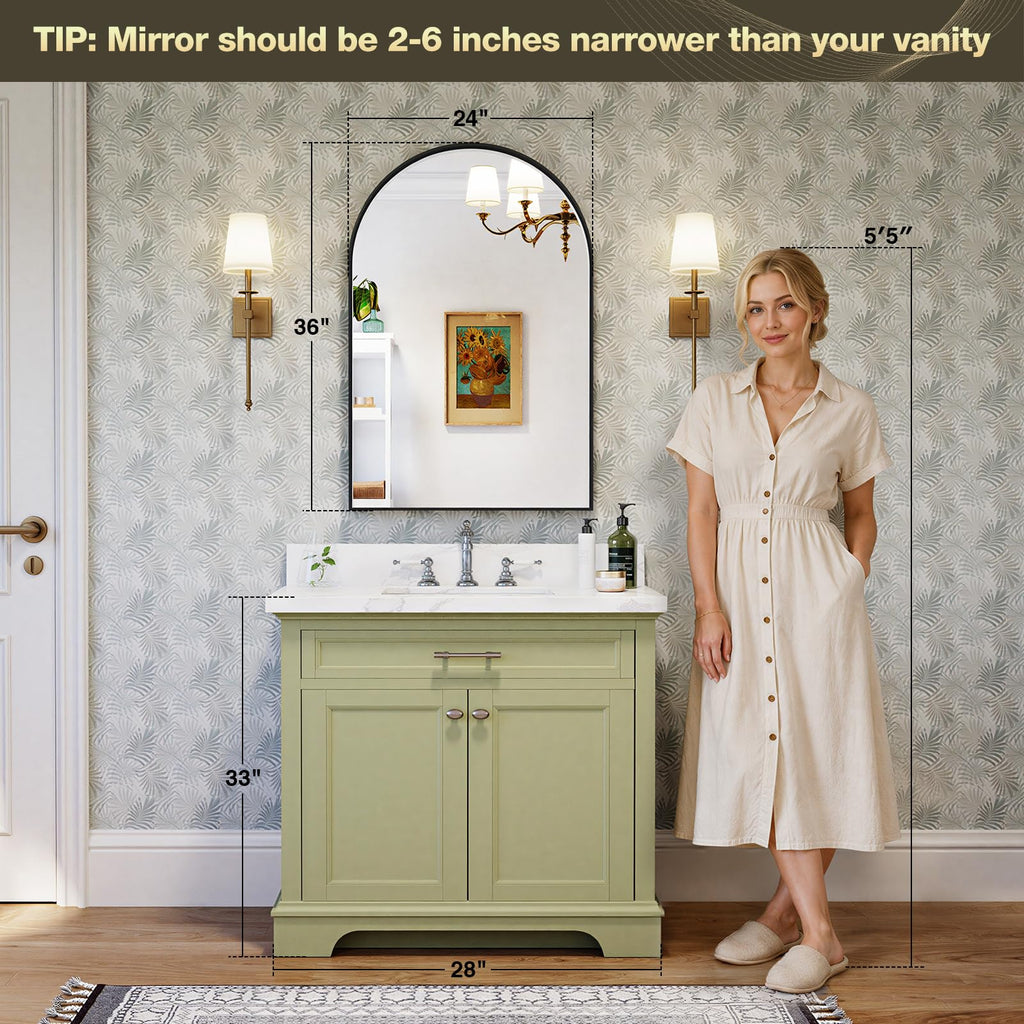 Black Arched Mirror, Arched Bathroom Mirror, 24 x 36 Inch Black Arch Mirror, Metal Frame Wall Mirror, Arched Top