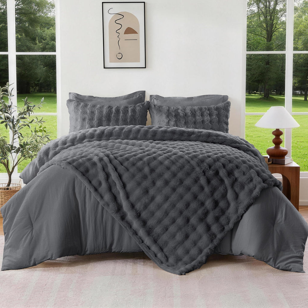2-in-1 Faux Rabbit Fur Comforter Set, 6-Piece Grey