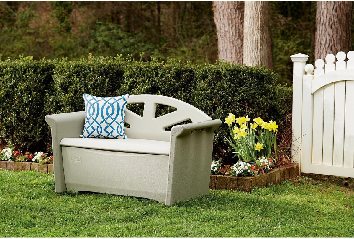 Resin Outdoor Storage Bench (32 Gal), Weather Resistant, Brown/Grey, Deck Organization /Backyard/Pool