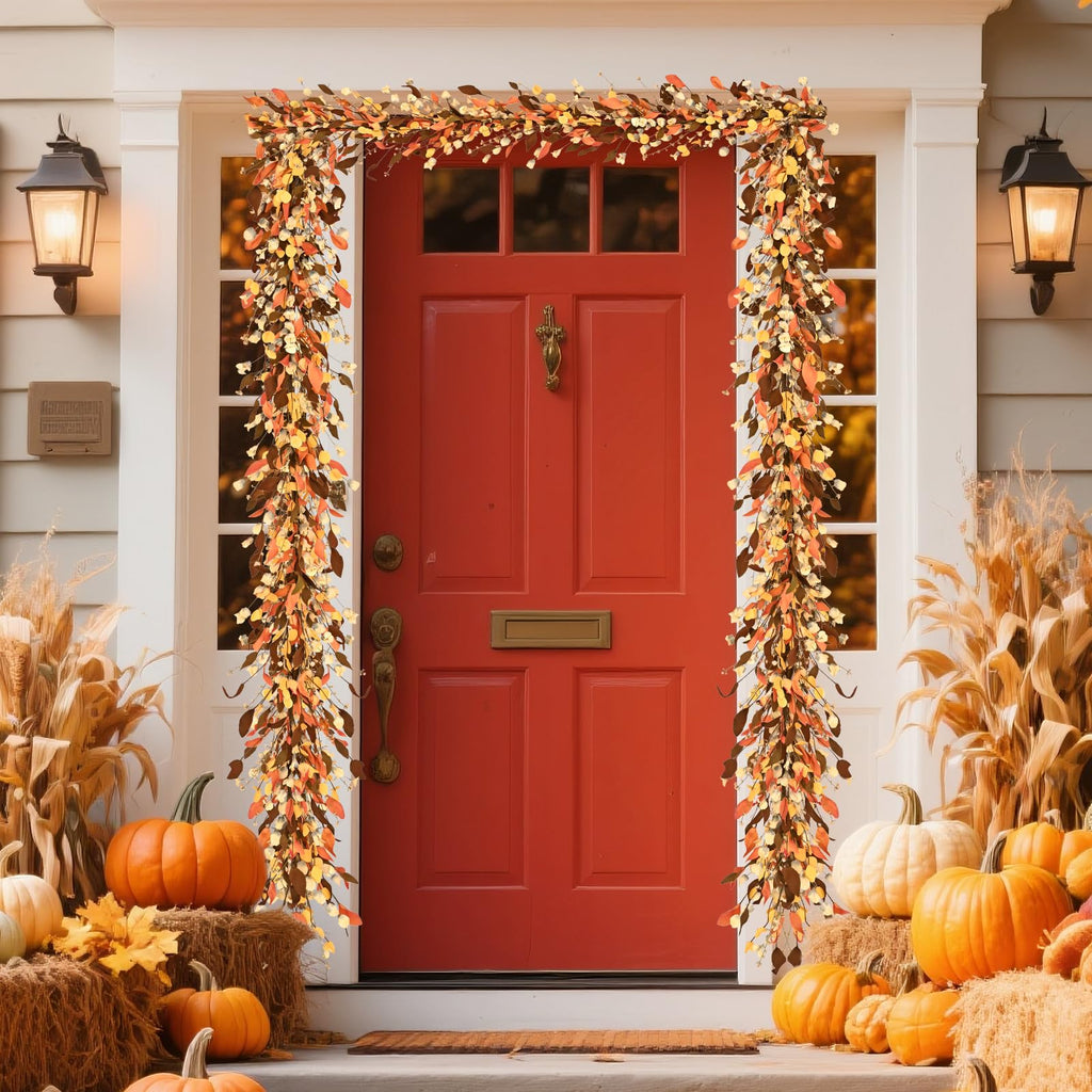 Fall Decor, 6FT Fall Garland with Lights Autumn Eucalyptus Leaves Lighted Garland Thanksgiving Harvest Festival