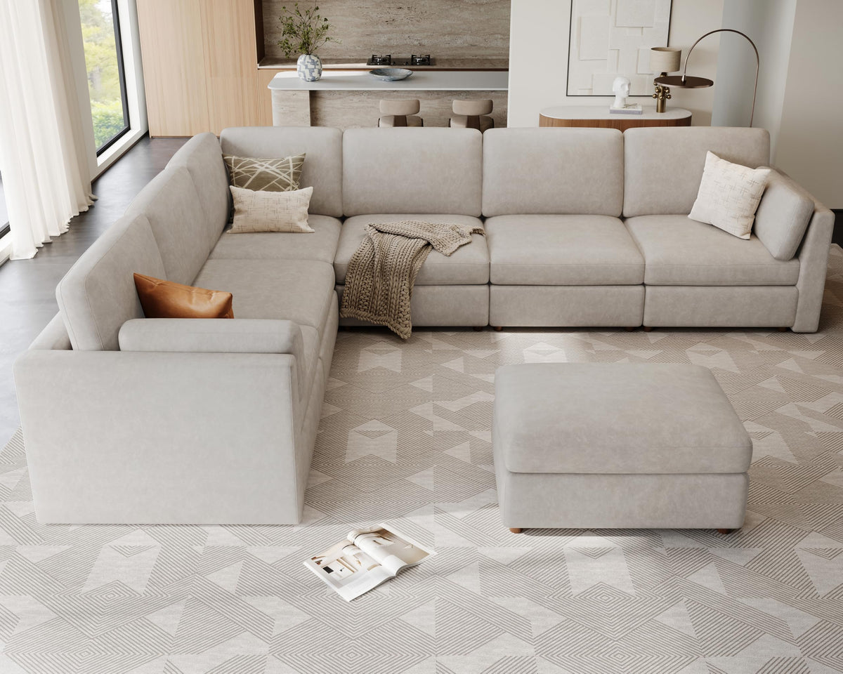 Faux Leather Modular Sectional Sofa Wide V Shaped Couches Beige