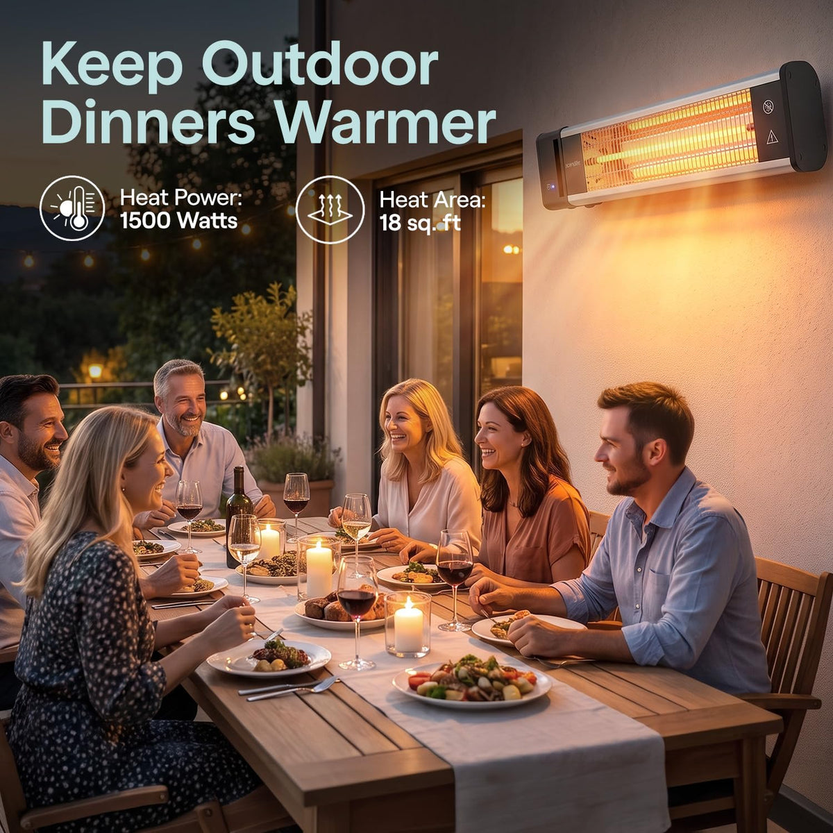 Infrared Patio Heater, 1500W, IP65 Approved, Odorless, Wall-Mounted Heater with Remote, Indoor/Outdoor , Restaurant
