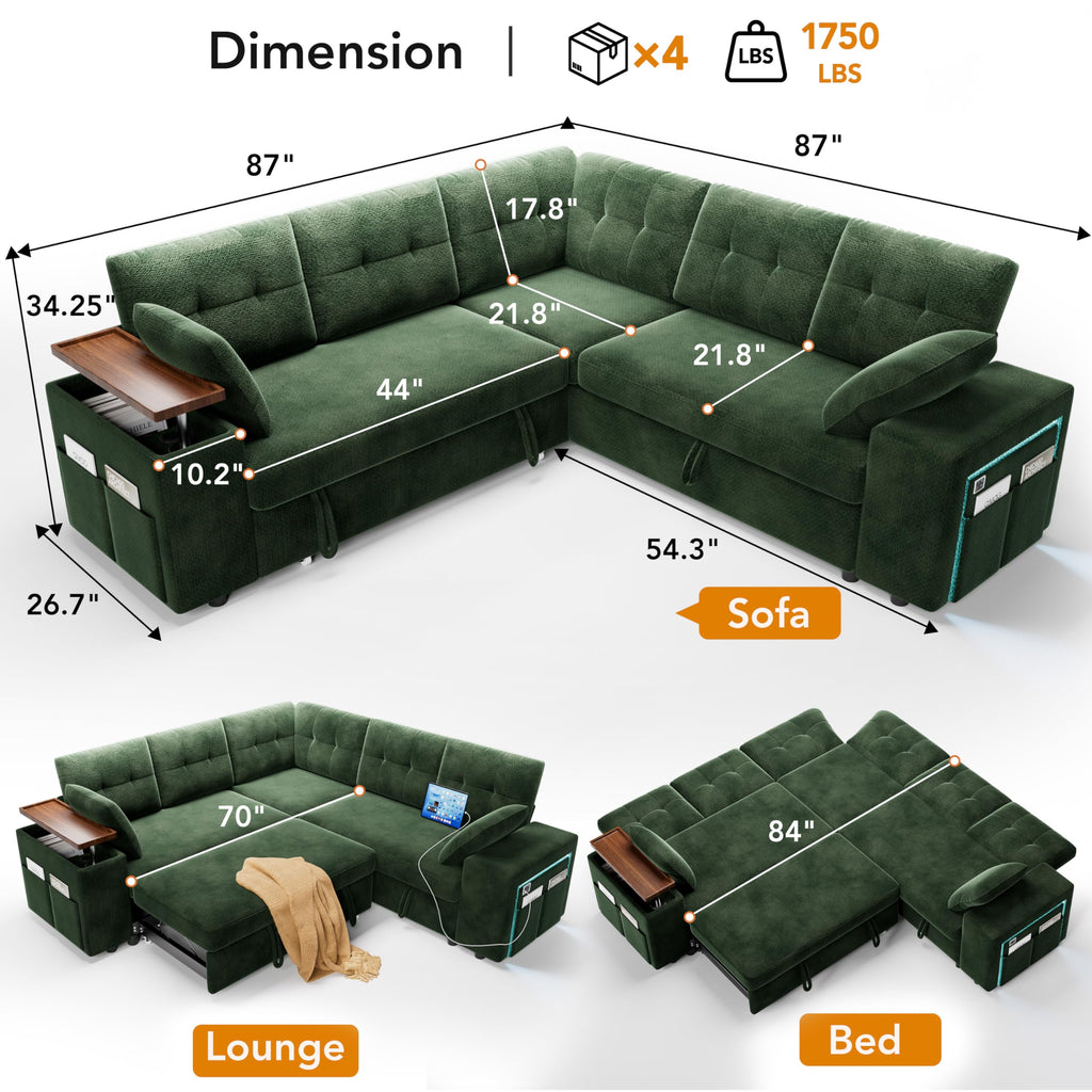 5 Seat Modular Sectional Sleeper Sofa with Pull Out Bed, L-Shaped Couch with Reclining Backrest, Lift Top Storage