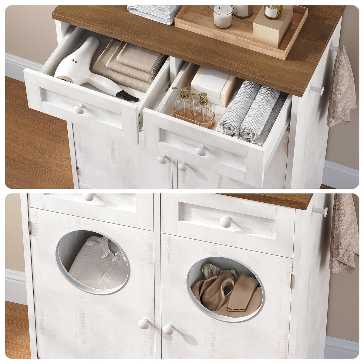 Double Laundry Hamper Cabinet, Hidden Laundry Cabinet with 2 Drawers & 2 Baskets, 20 Gallon Farmhouse Bathroom