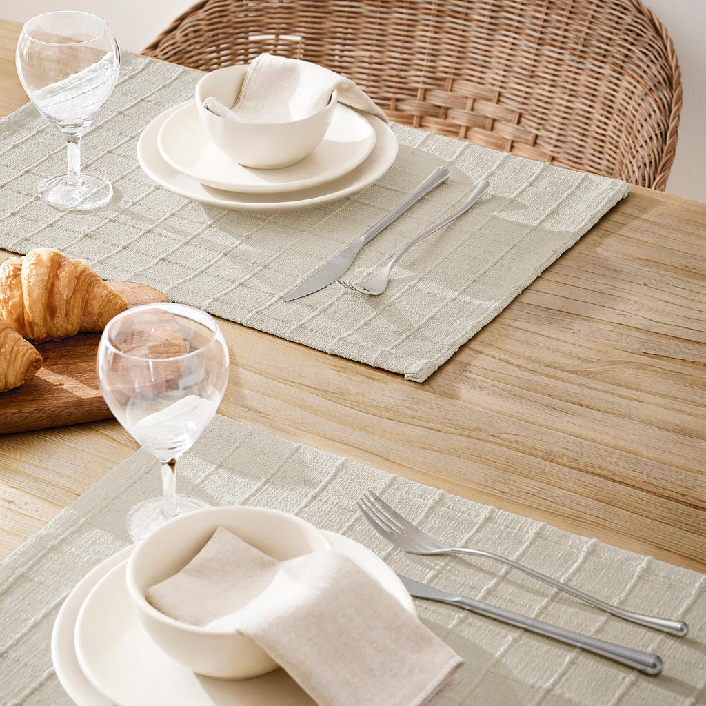 Artisanal Grid Decorative Linen Placemats Set of 6, Ivory