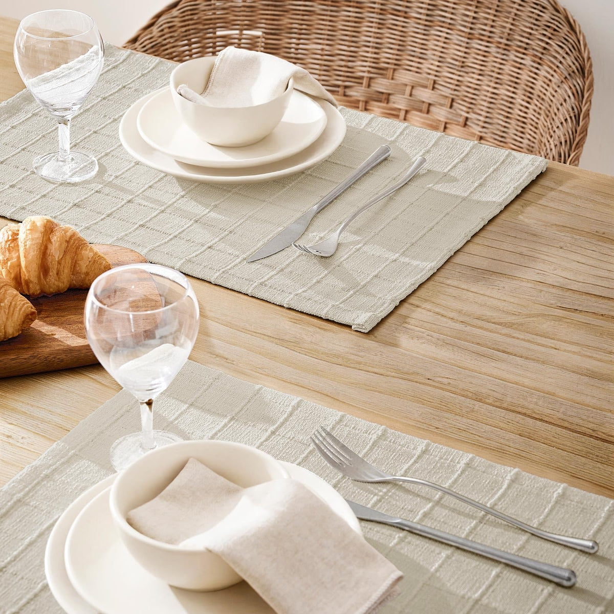 Artisanal Grid Decorative Linen Placemats Set of 6, Ivory