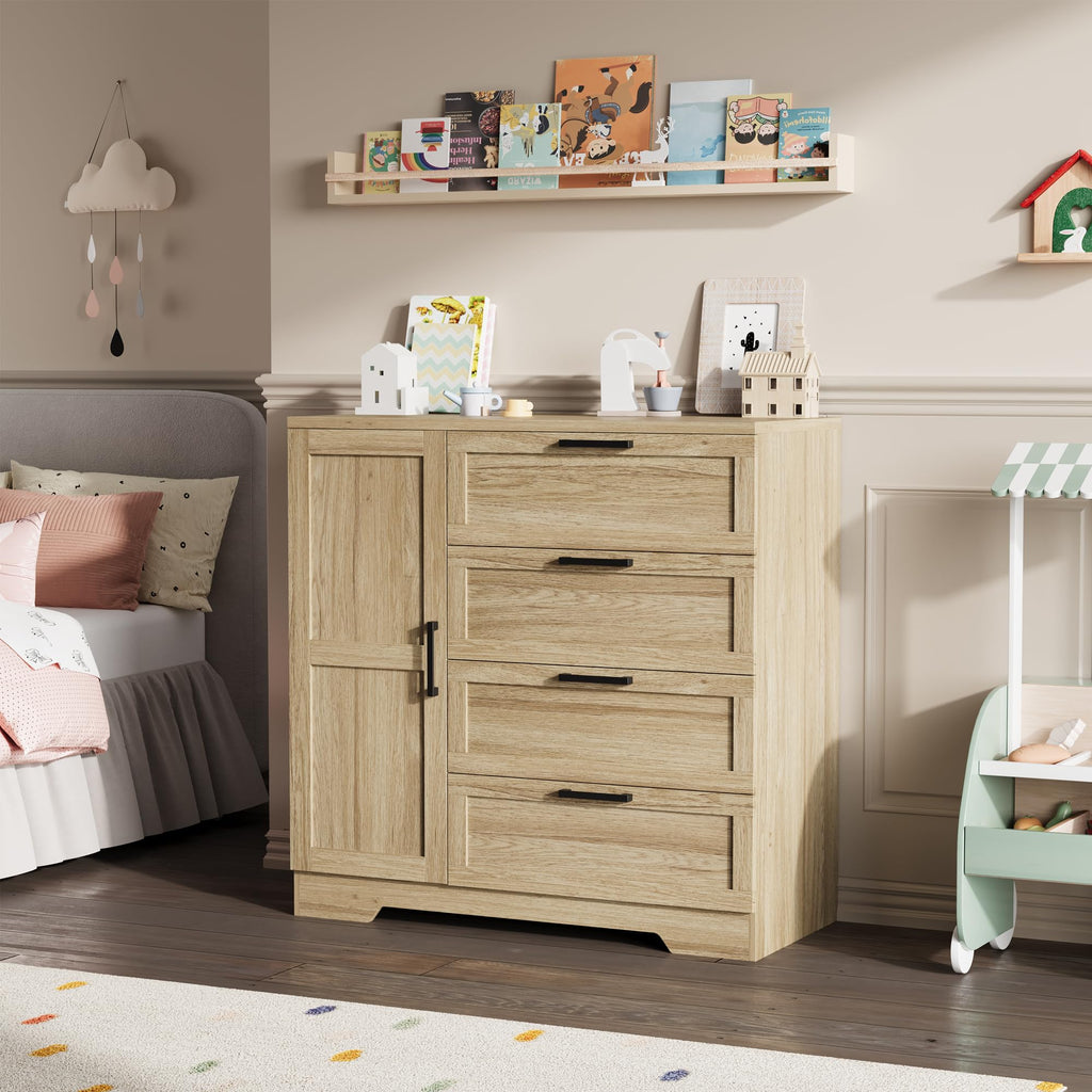 Wood Armoire Wardrobe Closet with 4 Drawers and Door, 43.3 in H Bedroom Wardrobe Cabinet with Hanging Rod, Clothing