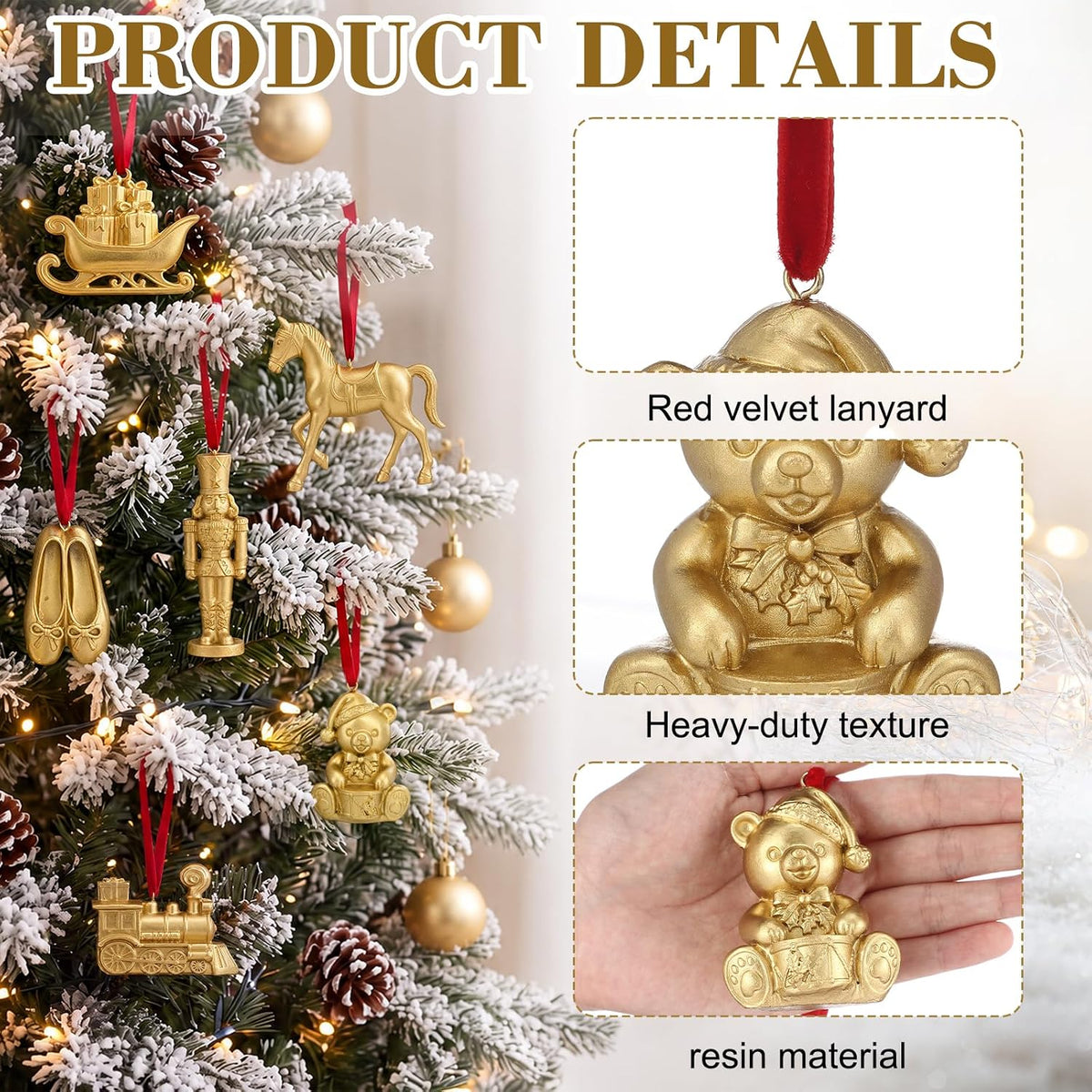 6 Pcs Vintage Gold Christmas Ornaments for Tree, Retro Toy Decor