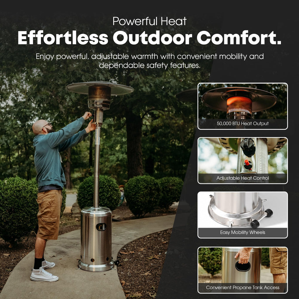 GasOne 50, 000 BTU Outdoor Propane Patio Heater, Stainless Steel with Wheels