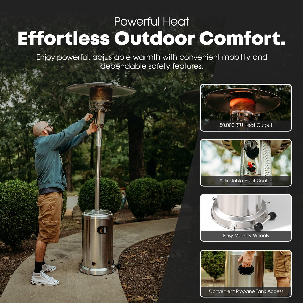 GasOne 50, 000 BTU Outdoor Propane Patio Heater, Stainless Steel with Wheels