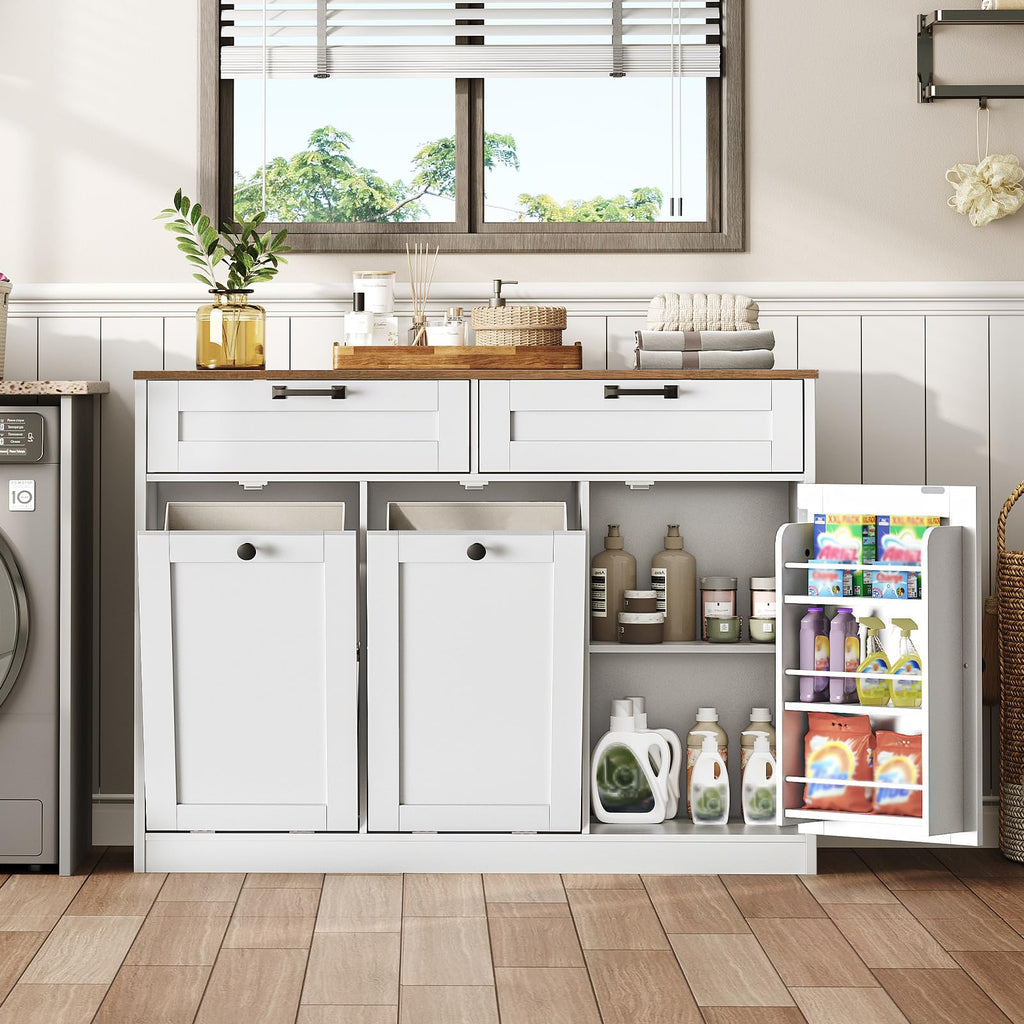 Double Tilt Out Laundry Hamper Cabinet, 43.3" Laundry Cabinet with 2 Removable Baskets, Farmhouse Wooden Hidden Trash