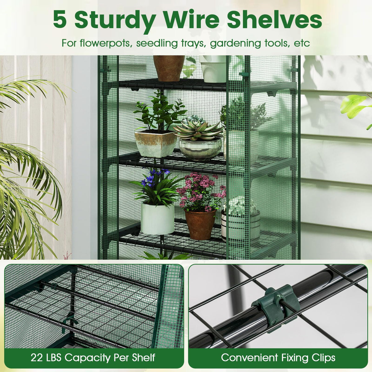 Mini Greenhouse Indoor Outdoor, 27" x 19" x 75" Portable Plant Grow House with 5 Tier Shelves, PE Cover, Roll-Up