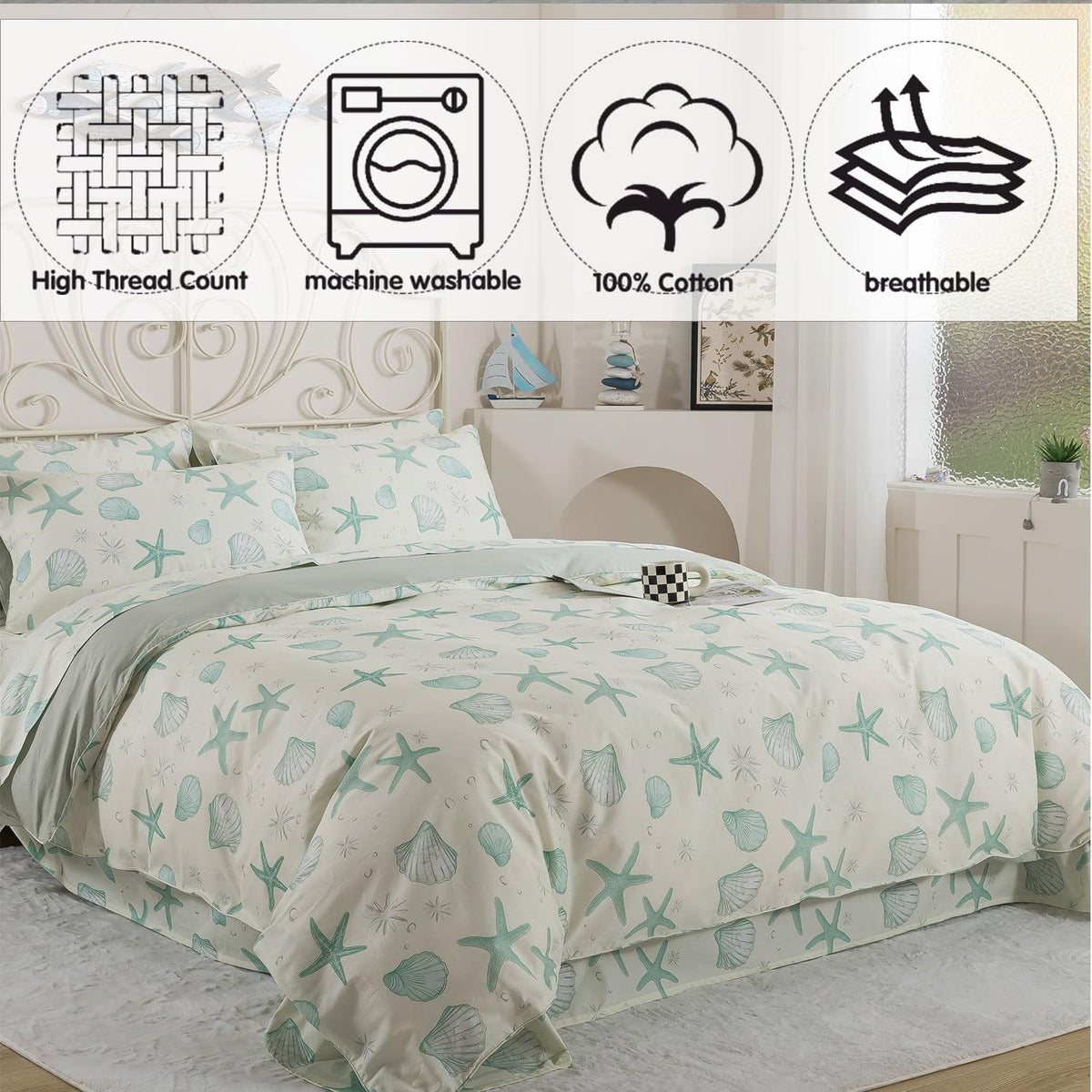 Premium 100% Cotton Coastal Duvet Cover Set - Soft Breathable Beach Bedding, Seafoam Green Starfish & Seashell