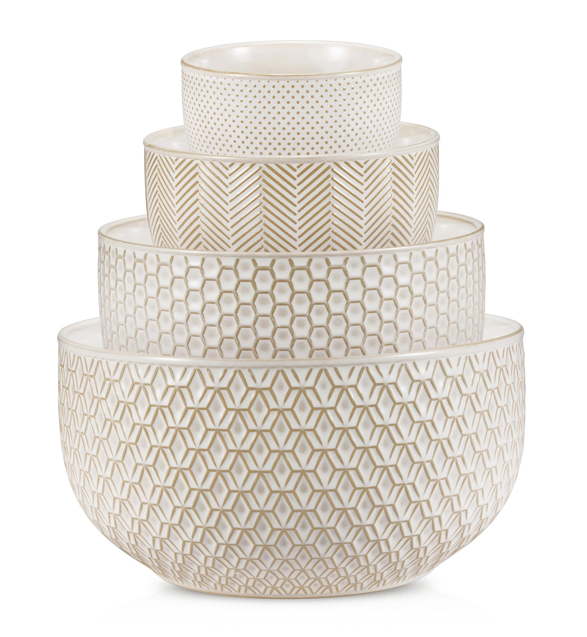 Ceramic Nesting Bowls, Embossed, Oven Safe, Set of 4, Ivory