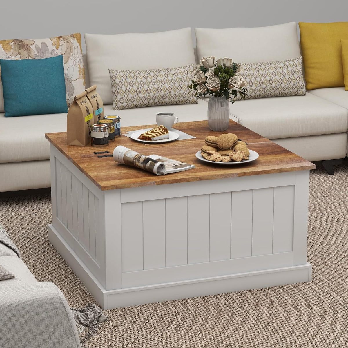 Farmhouse Coffee Table, Square Wood Center Table with Large Hidden Storage Compartment