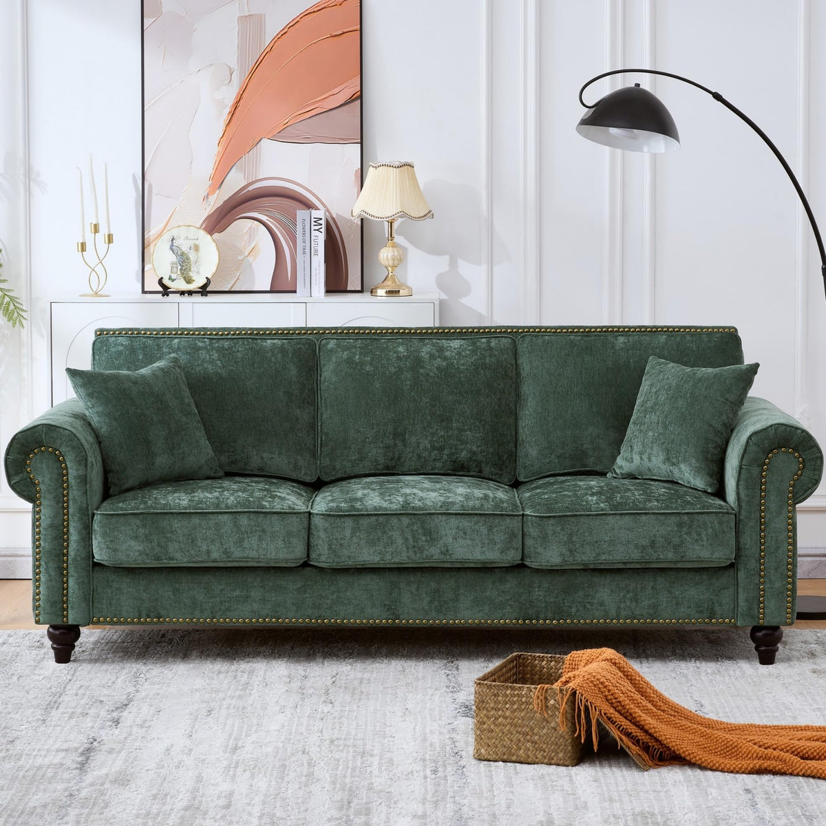 86.5" Chesterfield Sofa with Rolled Arms and Nailhead Trim, Mid-Century Modern Chenille Upholstered 3-Seater Couch
