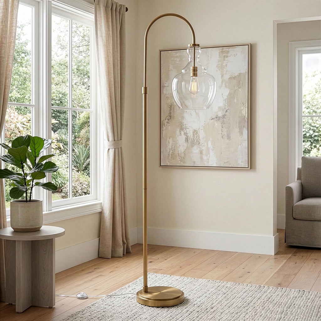 Inspired Arco Style Arc Floor Lamp with Glass Shade in Brass/Clear, Floor Lamp