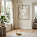 Inspired Arco Style Arc Floor Lamp with Glass Shade in Brass/Clear, Floor Lamp