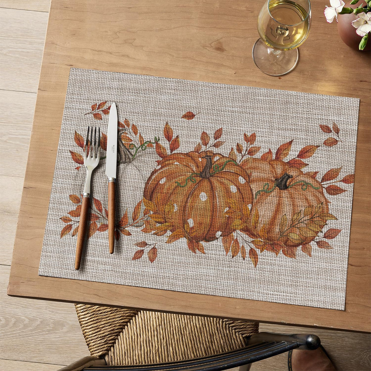 Pumpkins Leaves Fall Vinyl Placemats Set of 6, Wipeable Colorful Printing PVC Place Mats for Party Kitchen Dining