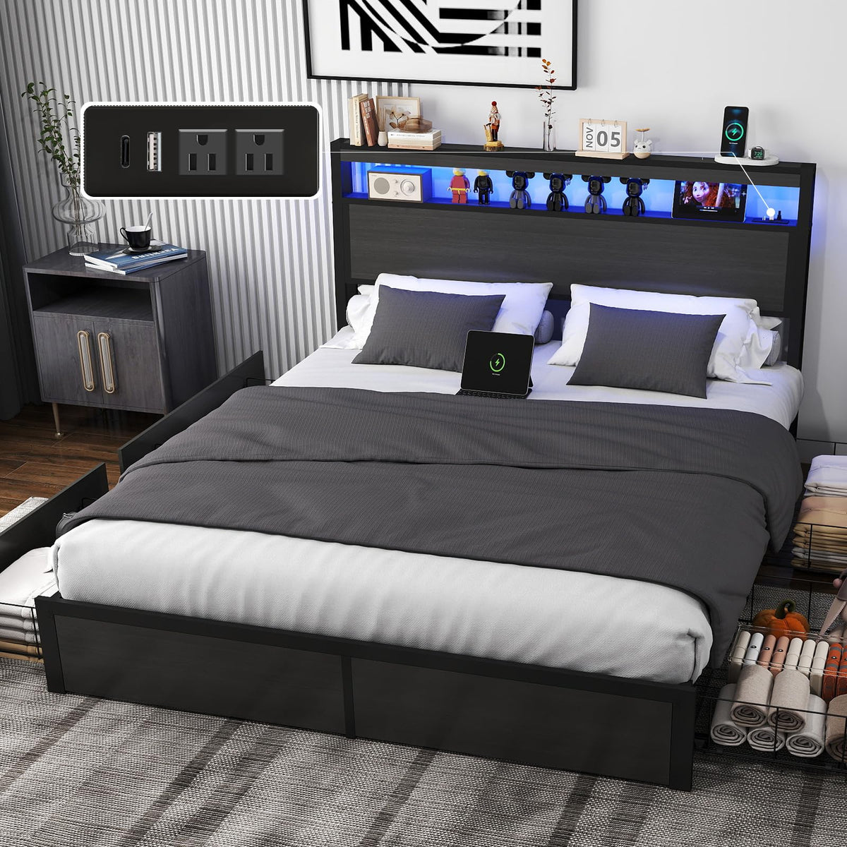 Bed Frame with 2-Tier Storage Headboard and 4 Drawers, Metal Platform Bed Frame with LED & Charging Station, No