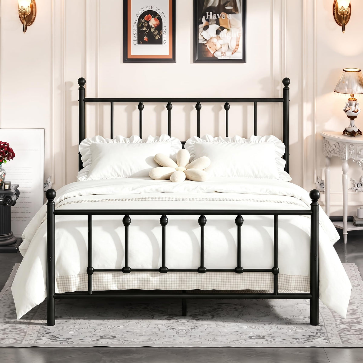 14 Inch Victorian Vintage Metal Platform Bed Frame with Headboard and Footboard, Underbed Storage, No Box