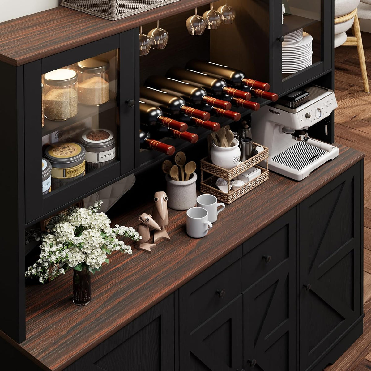 68" Tall Kitchen Pantry Storage Cabinet with Charging Station, 55" Wide Kitchen Hutch Cabinet with Large Countertop
