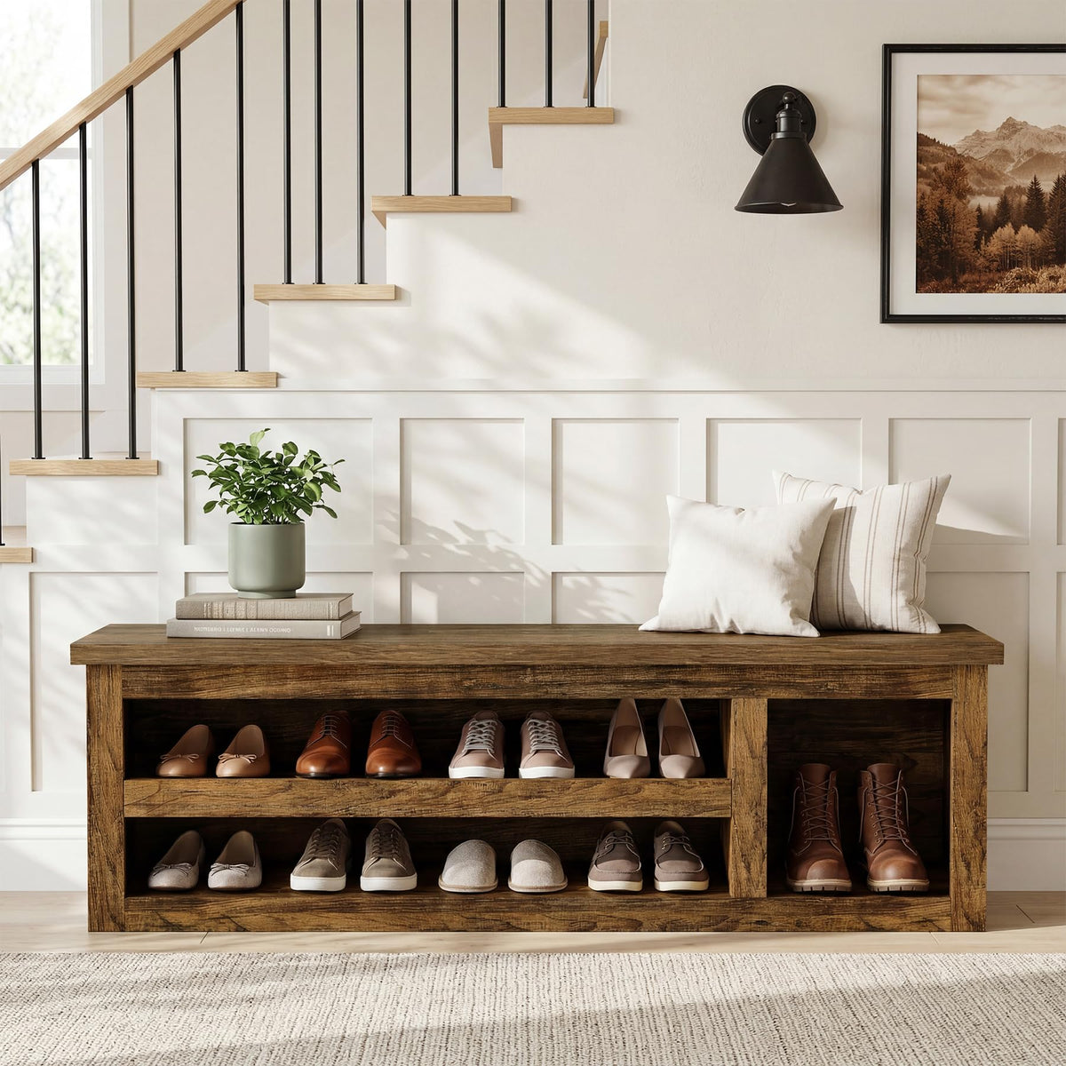 63" Entryway Bench, Farmhouse Shoe Storage Bench with Shelves