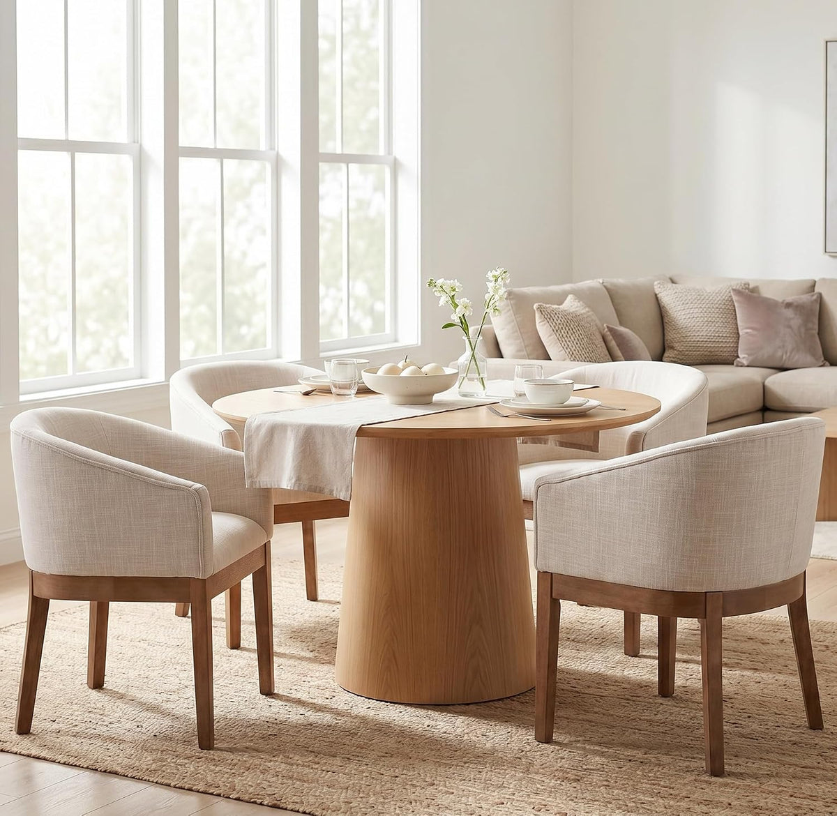 Upholstered Dining Chairs Set of 4 Modern Linen Dining Room Chairs Curved Back Kitchen Chairs with Black Wood Legs