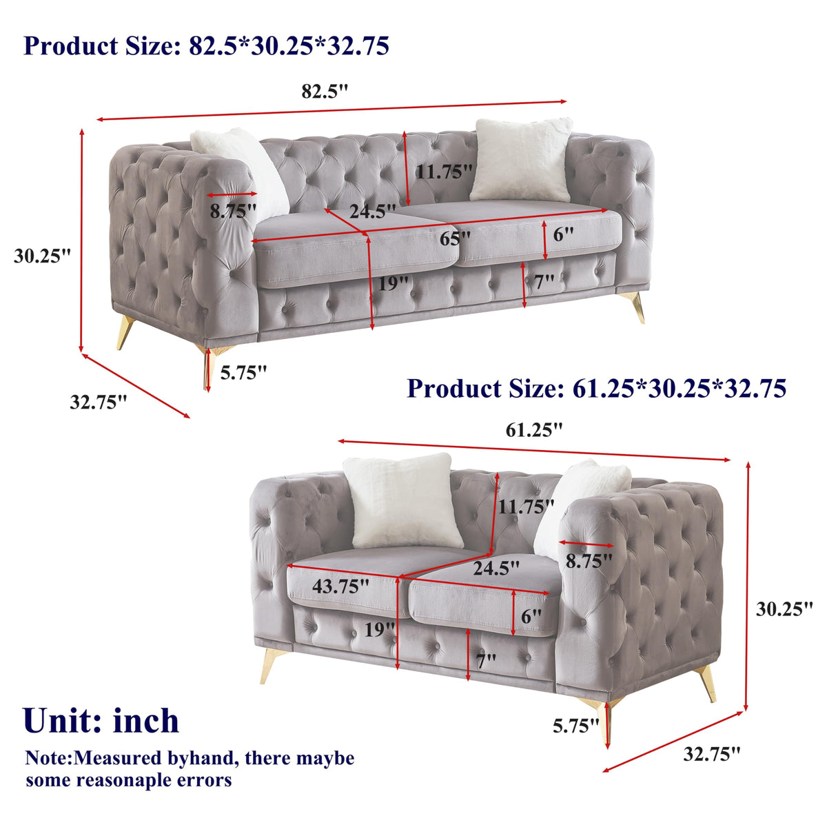 2-Piece Luxury Chesterfield Sofa Set with 1 Velvet 3-Seater Sofa & 1 Loveseat Sofa, Mid-Century 5-Seater Tufted