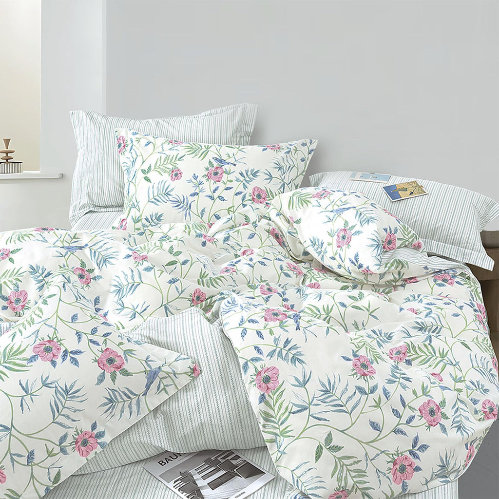 Fresh White & Aqua Botanical Cotton Duvet Cover Set 3PC