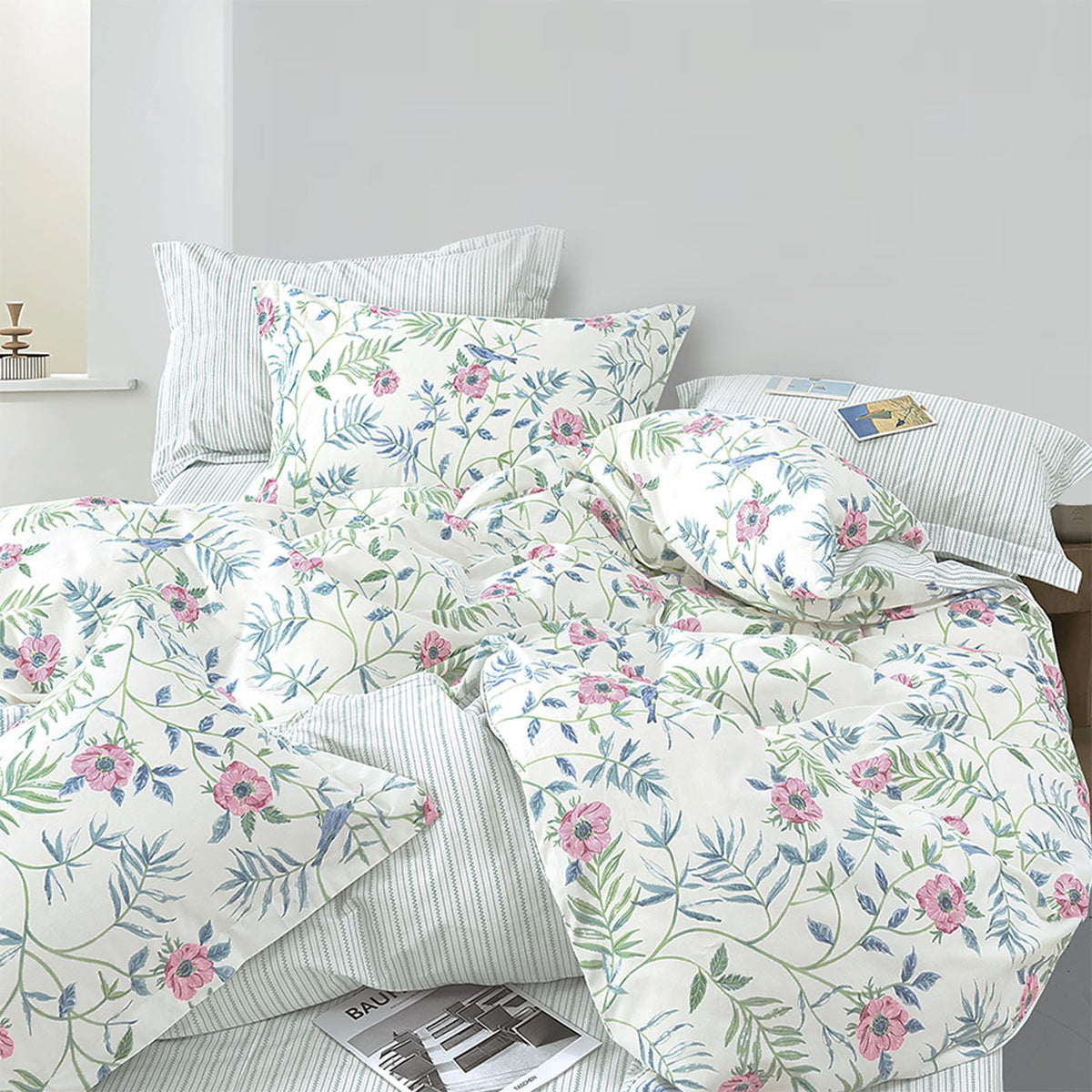 Fresh White & Aqua Botanical Cotton Duvet Cover Set 3PC
