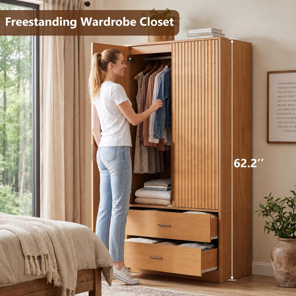 62.6"H Armoire Wardrobe Closet with 2 Fluted Door & Drawer, Natural