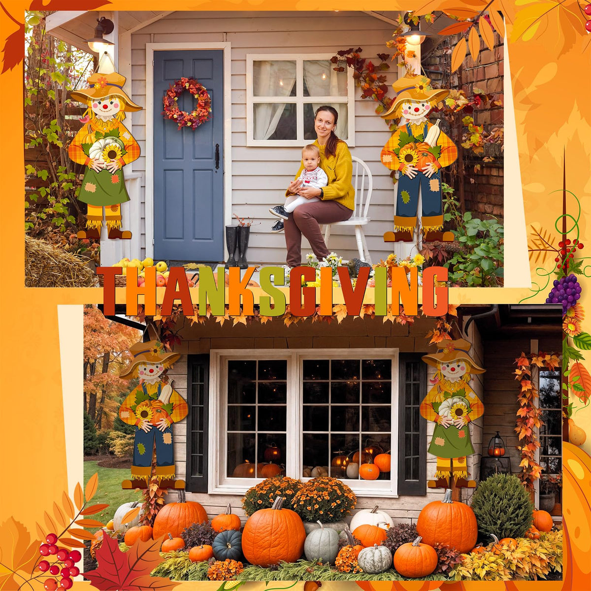 2 Pcs Thanksgiving Scarecrow Door Decor, Fall Welcome Hanging Sign