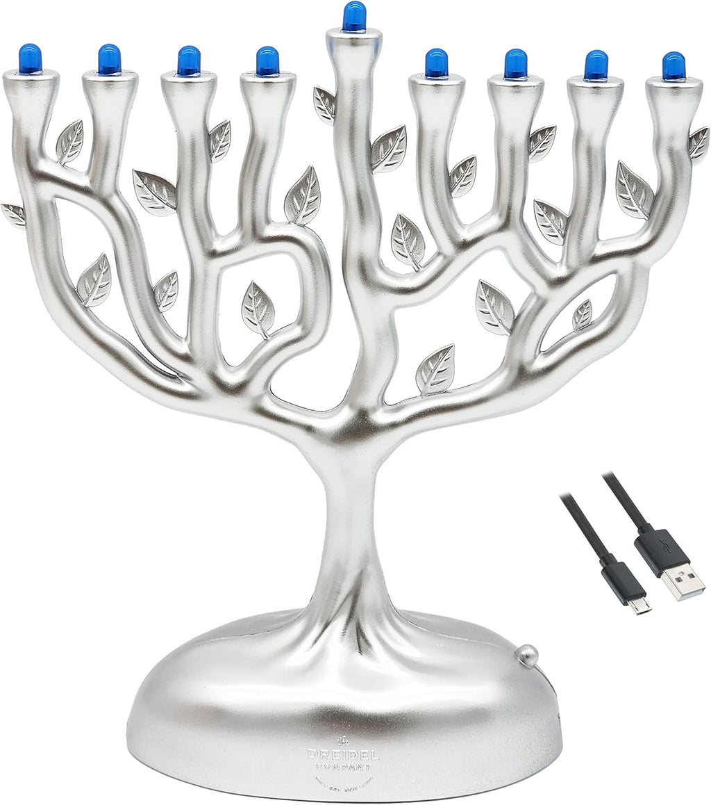Silver Matte Small Electric , Tree of Life Design Hanukkah , LED, Travel, Light It Anywhere! Batteries or USB