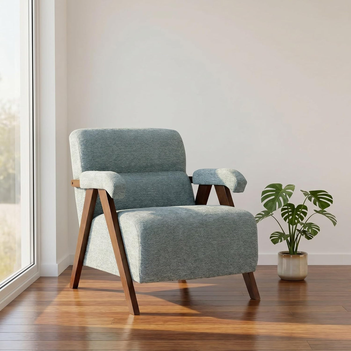 Vertical Stripe Mid-Century Accent Chair with Solid Wood Frame