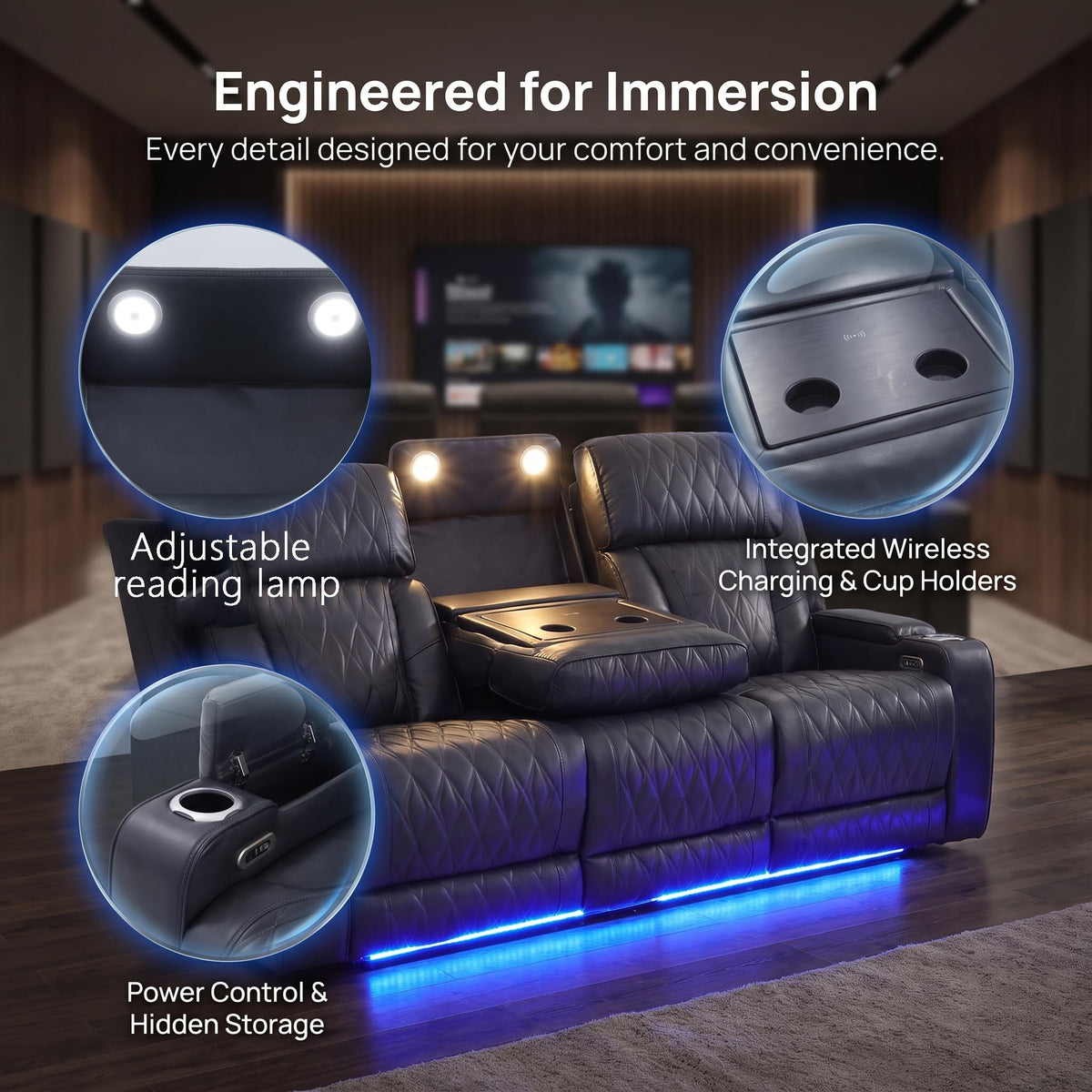 Power Recliner Sofa Set with Bass Speakers, Leather Power Reclining Sectional Couches, Multifunction Home Theater