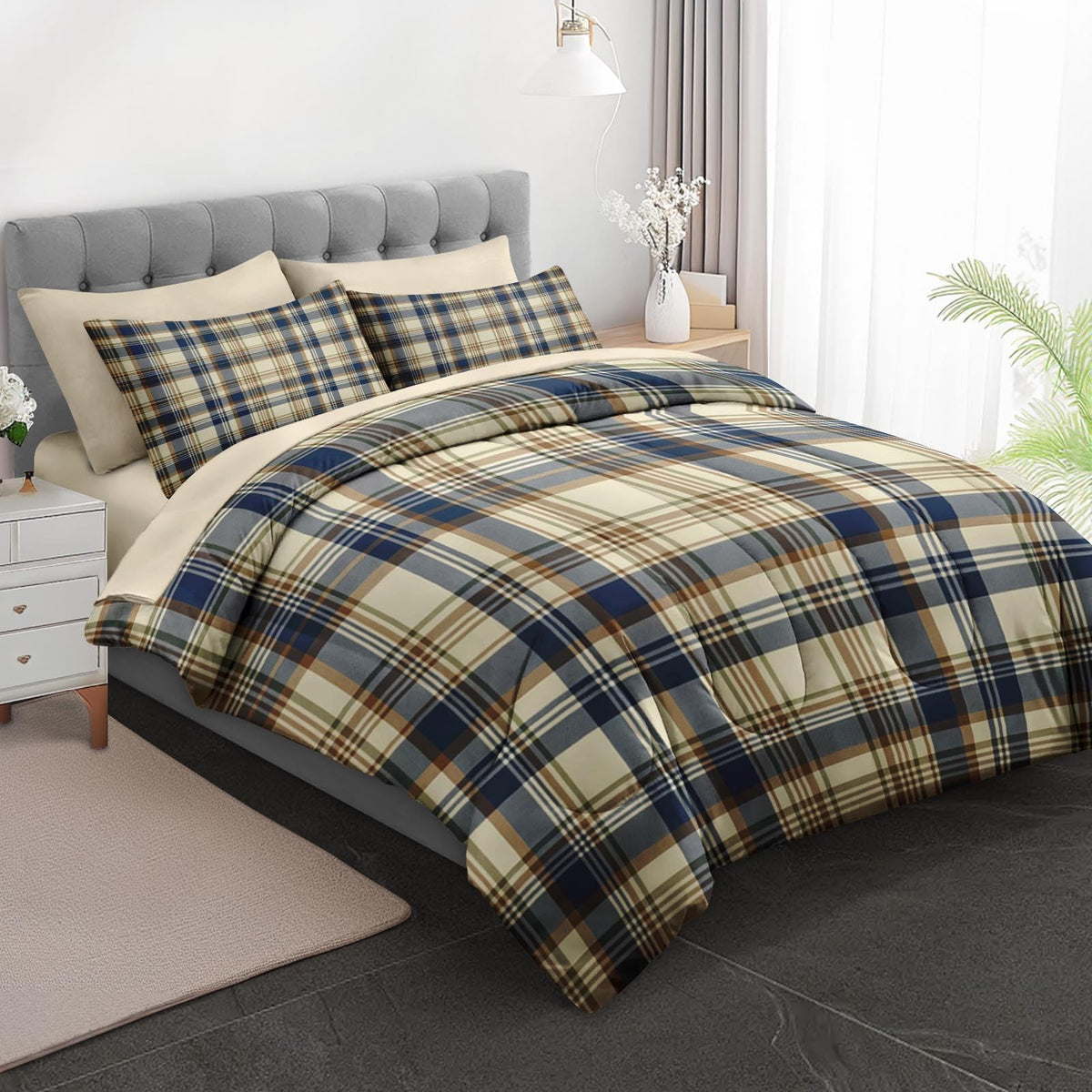 Comforter Set with Sheets, 7 Pieces Plaid Navy Bedding