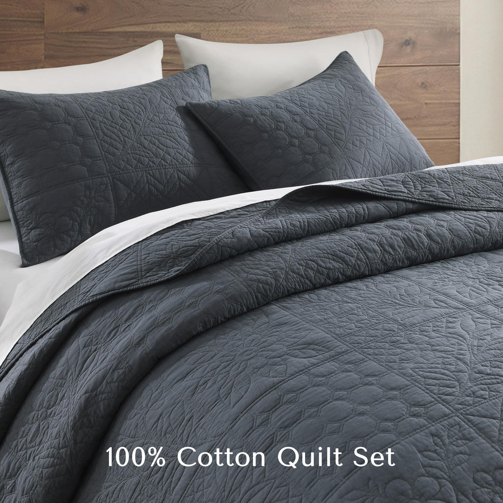 100% Cotton Quilt Patchwork, Steel Blue Farmhouse Cotton Bedspread Coverlet, Pre-Washed Soft Breathable