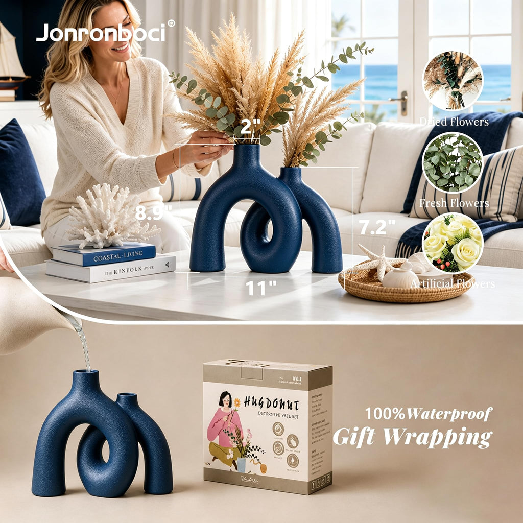 Blue Vase Set, Hug Donut Navy Ceramic Vases for Modern Coastal Decor