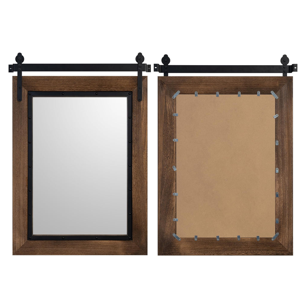 Farmhouse Barn Door Mirror, 32"x24" Rustic Bathroom Mirror, Wood Frame Wall Mirror, Wooden Mirror Bedroom Entryway