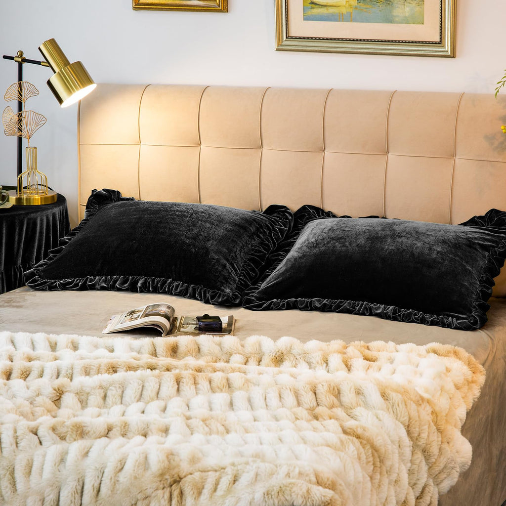 Velvet Pillow Shams Set of 2 Retro Ruffle Flounces Trim Soft Decorative Luxurious Solid Obsidian Black Farmhouse