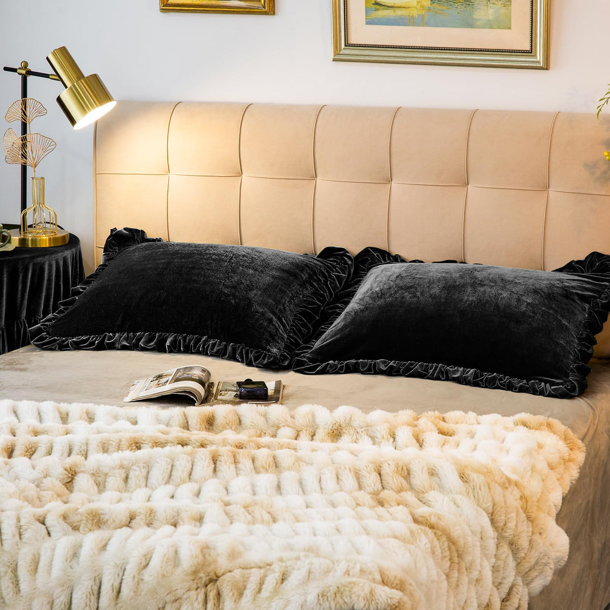Velvet Pillow Shams Set of 2 Retro Ruffle Flounces Trim Soft Decorative Luxurious Solid Obsidian Black Farmhouse