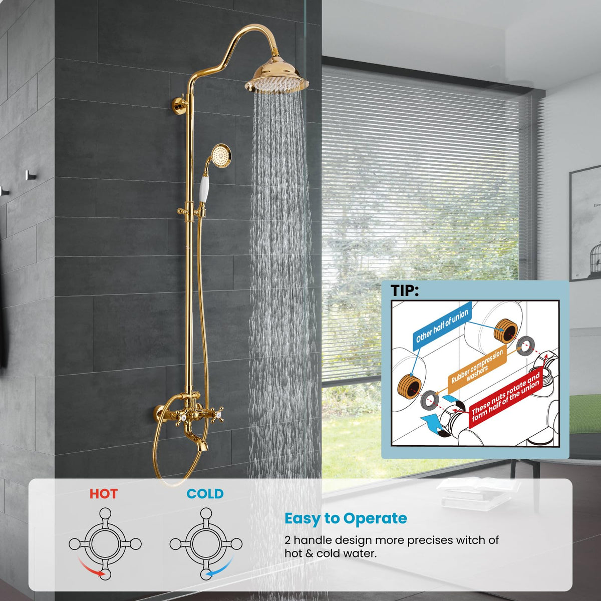 Bathroom Exposed Shower Faucet with Tub Spout Polished Gold