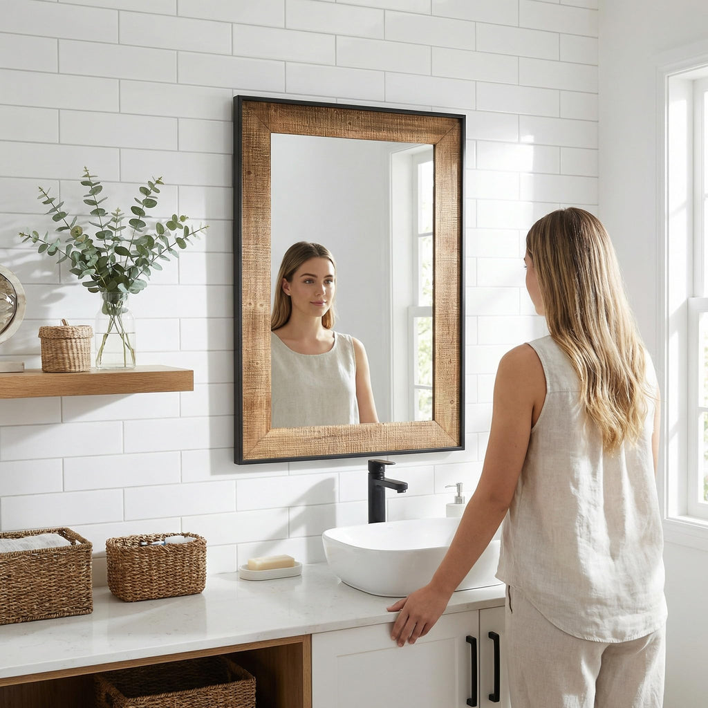 Rustic Solid Wood Wall Mirror 36x24 Inch, Vintage Wood Framed Wall Mirror Over Sink, Living Room, Hallway & Entryway