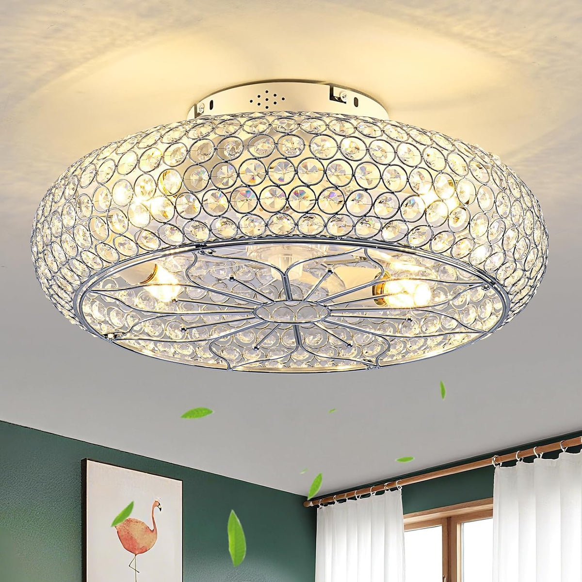 20" Flush Mount Caged Crystal Ceiling Fan with Light & Remote