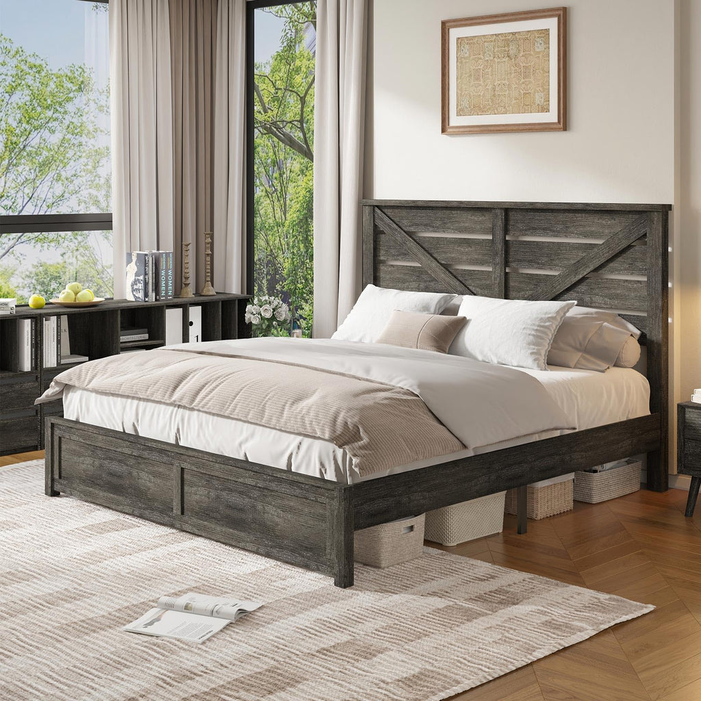 Farmhouse Wooden Bed Frame with 49.2" Headboard, Grey