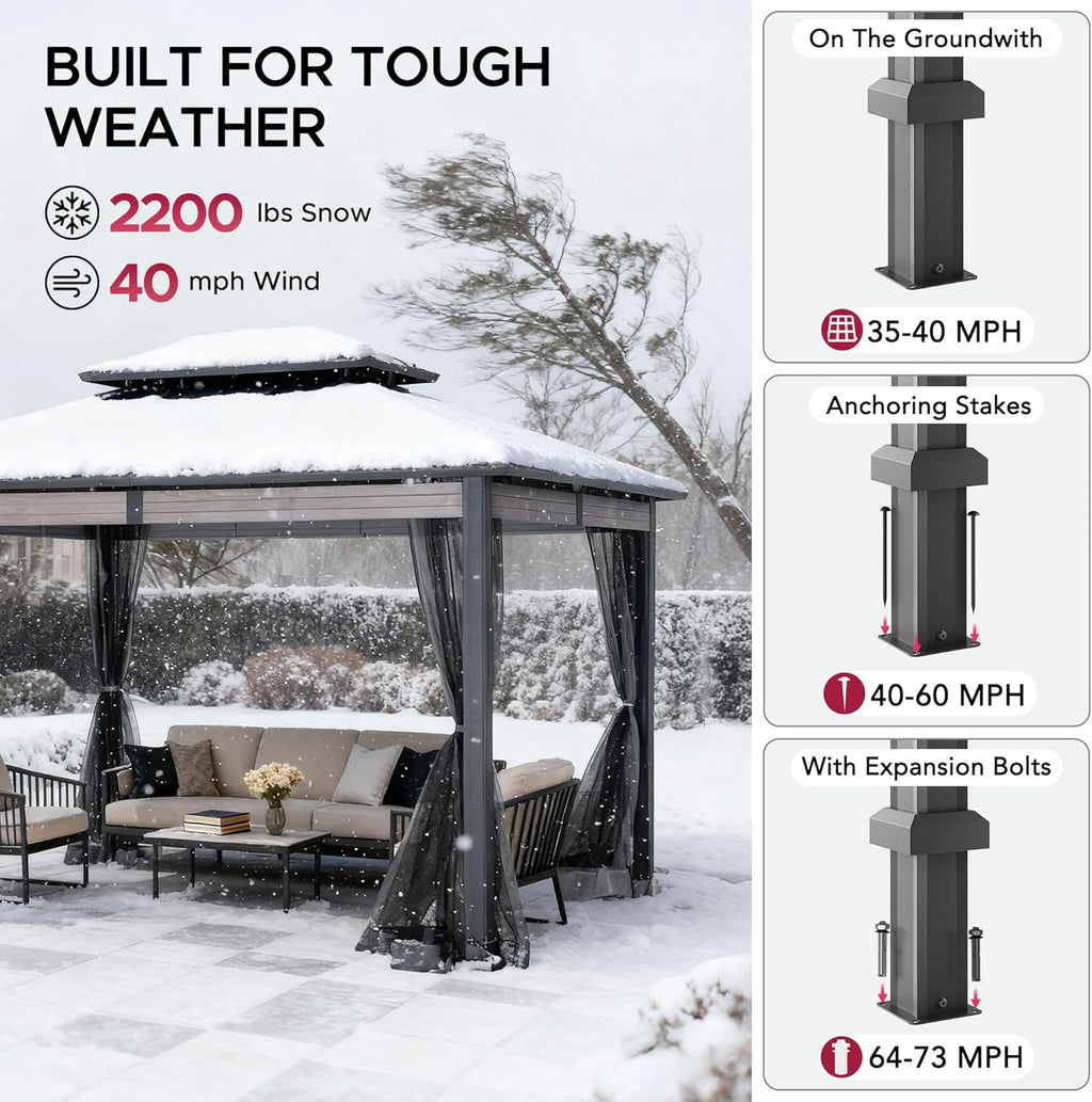 10x12 Hardtop Gazebo with Heavy-Duty Galvanized Steel Double Roof, Mosquito Netting & Woodgrain Finish Beams
