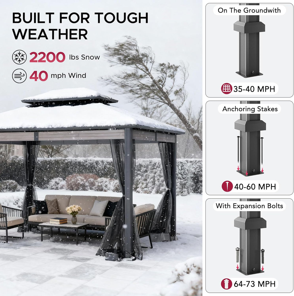 10x12 Hardtop Gazebo with Heavy-Duty Galvanized Steel Double Roof, Mosquito Netting & Woodgrain Finish Beams