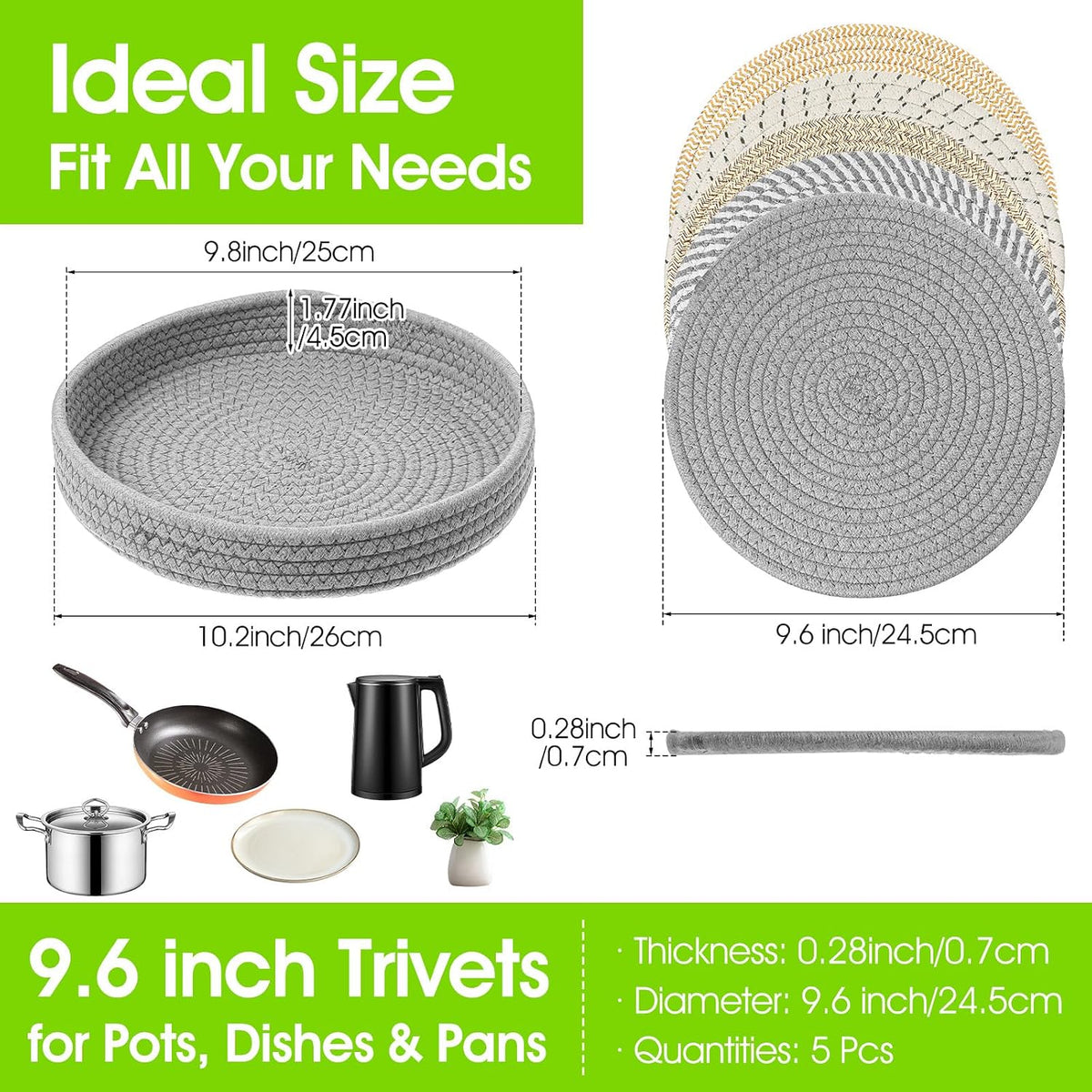 Inch Trivets for Hot Dishes, Extra Large Thick Heat Resistant Hot Pads, Cotton Pot Holders for Countertop - Set of 5
